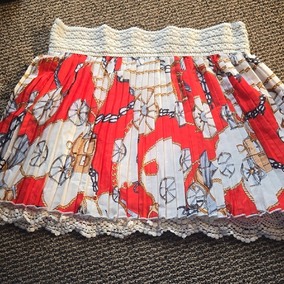 Mint Green Trendy Red and White Patterned W Crocheted Detail Midi Skirt💫 - Picture 1 of 6